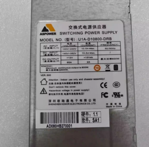 1pcs For ASPOWER U1A-D10800-DRB 800W redundant power supply