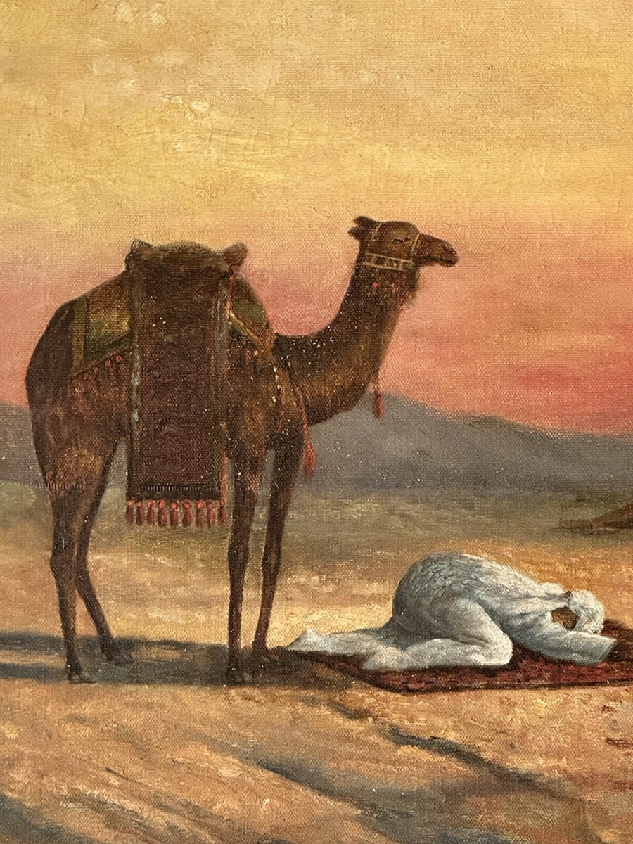 OLD ANTIQUE ORIENTAL ARAB LANDSCAPE OIL PAINTING CAMEL MAN MUSLIM