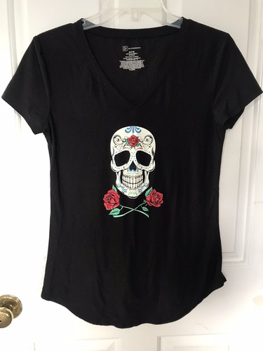 Day of The Dead Skull Face Black T Shirt Graphic Juniors Medium No Boundaries