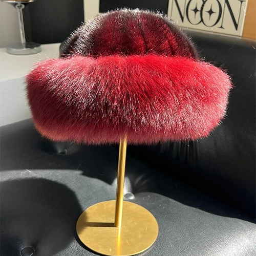 Women's Real Mink Fur Hat Bucket Hat Bowler Hat Warm Cap W Fox Fur Outdoor - Picture 20 of 44