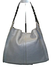 Lucky Brand Gray + Black Leather Braided Strap Whipstitch Hobo Shoulder Bag EUC!