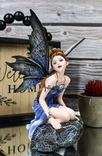Ebros Pretty Blue Fairy Sitting On Rock Figurine Fairy Garden Decor 6.25" Tall