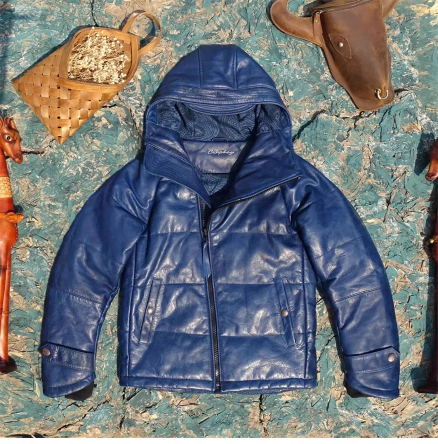 New Men's Blue Bomber Quilted Styling Hooded Puffer Sheepskin Leather Jacket