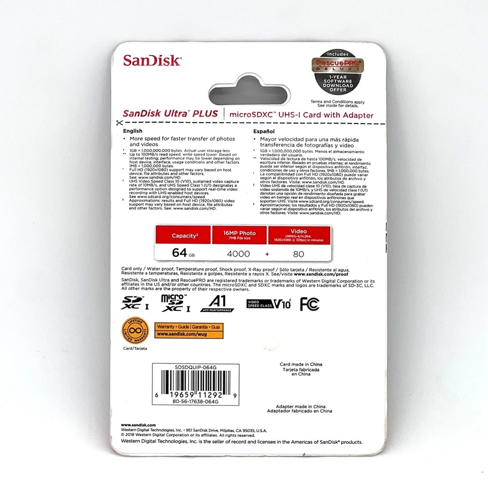 SanDisk Ultra Plus 64GB microSDXC UHS-I Card With SD Adapter Video Speed 100MB/S - Image 2 of 4