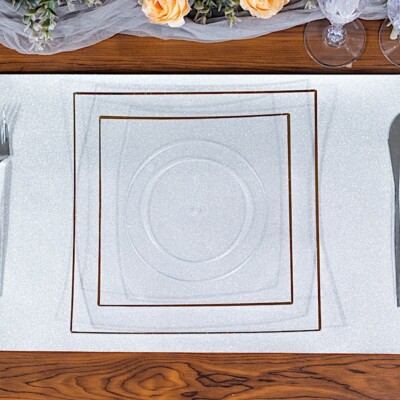 10 CLEAR 8'' Square Concave Plastic Salad Dinner PLATES Gold Rim Party Events