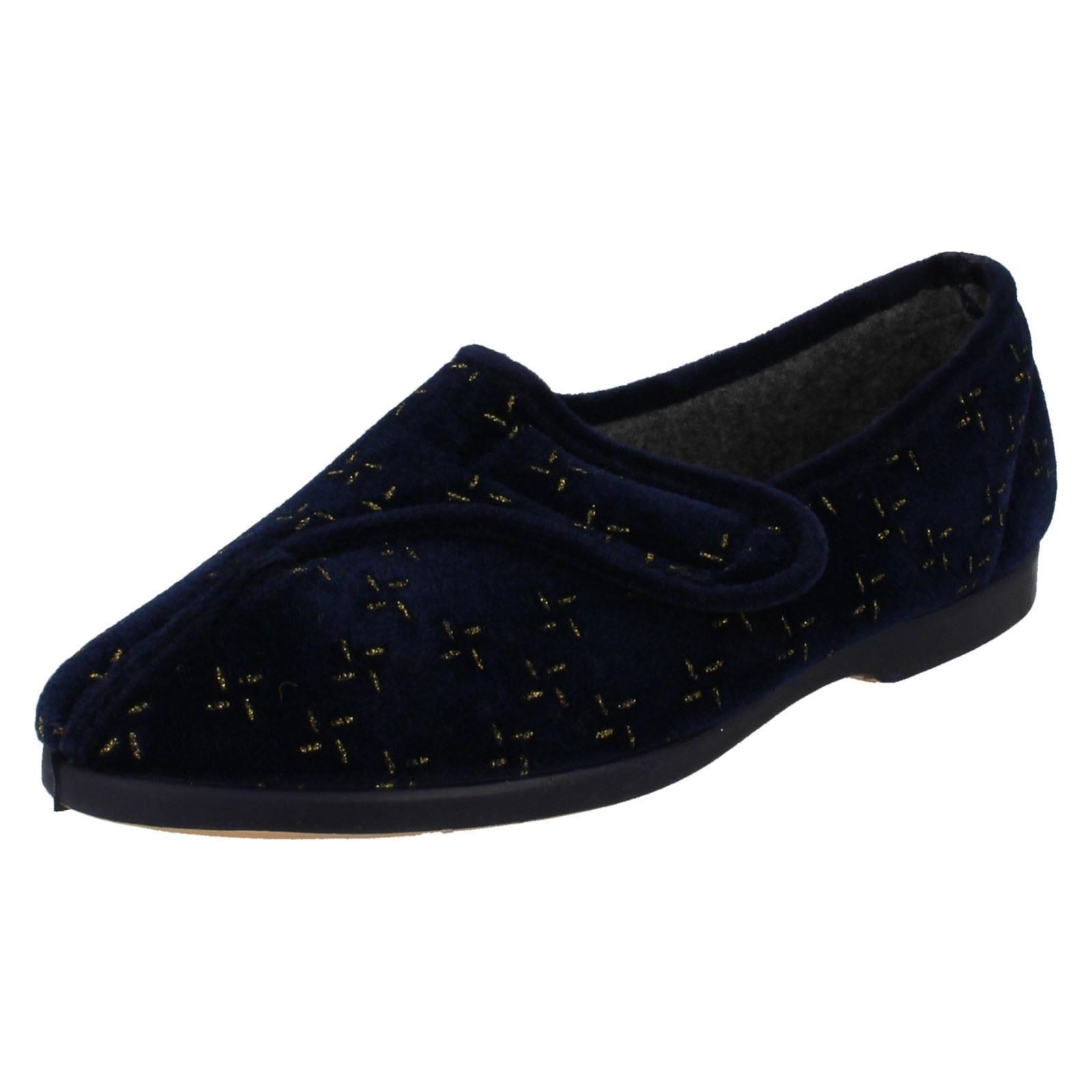 PANTOFOLA D’ORO OFFERTA pantofole da donna EMILY 2 blu navy e oro con cinturino a strappo per interni di LADYLOVE £7 99