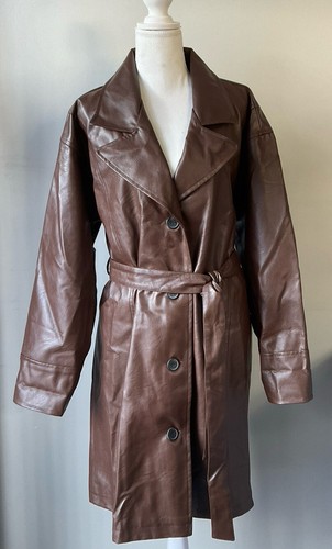 SUPRE Size 14 Chocolate Brown Vegan Leather Trench Coat Jacket Belt NEW BNWT