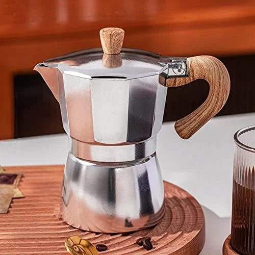 Vintage Bialetti Stovetop Espresso Coffee Pot and Five Black Porcelain Cups  with Metal Holders