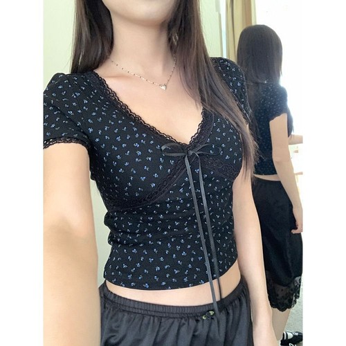 Lace Knitted Top V Collar Blouse Cute Crop Top For Women Girl - Picture 6 of 12