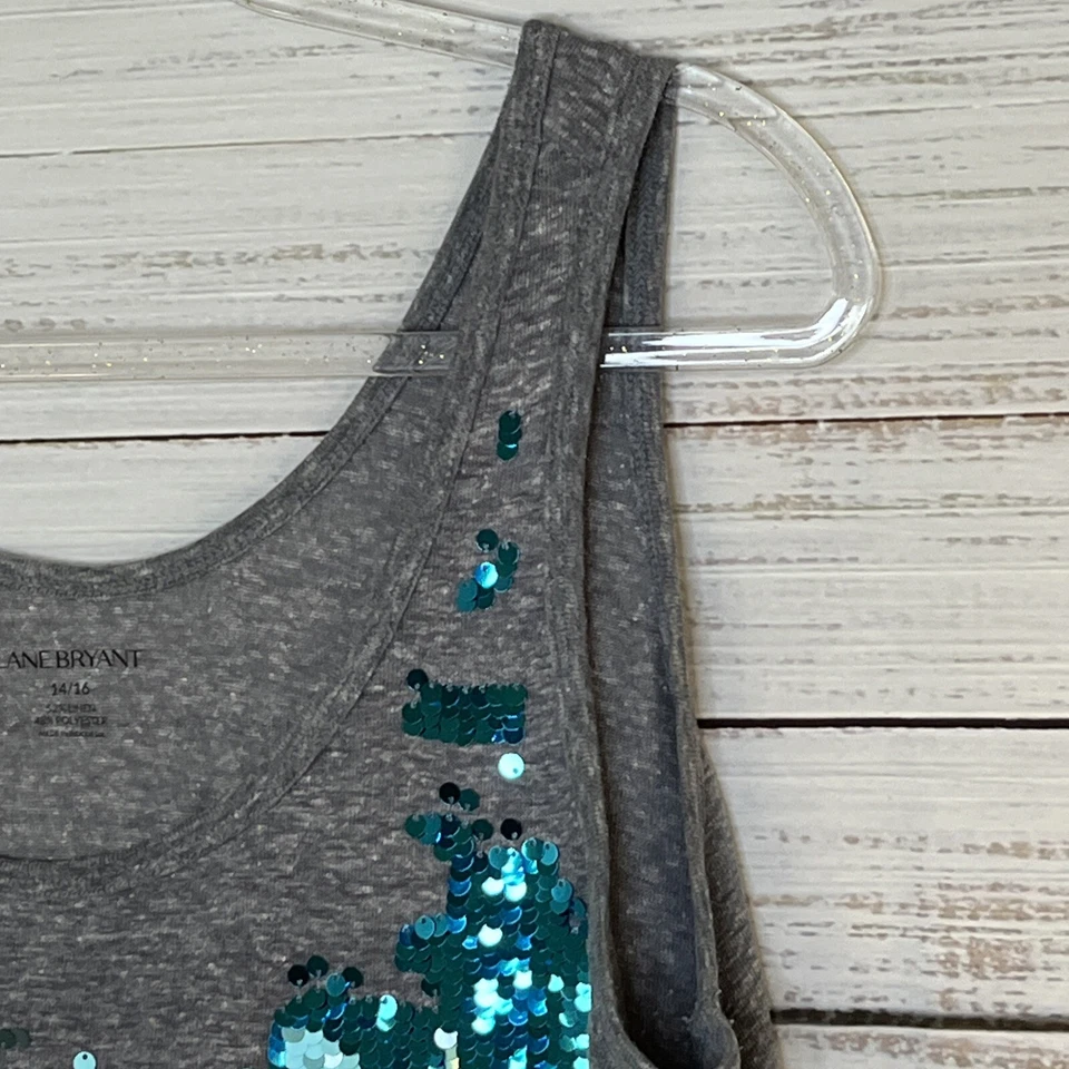 Camisa regata feminina Lane Bryant 14/16 cinza azul transparente lantejoulas linho poliéster - Imagem 4 de 4