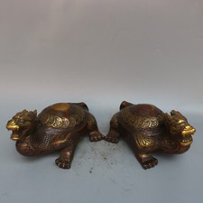 Collectible Chinese old copper gilt hand carven dragon turtle exquisite statue