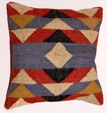Indian Jute Kilim Cushion Cover Throw Pillow 18" Square Home Decor Handmade Wool