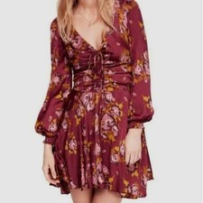 Free People Morning Light Floral Long Sleeve Size 2 Burgundy Dress