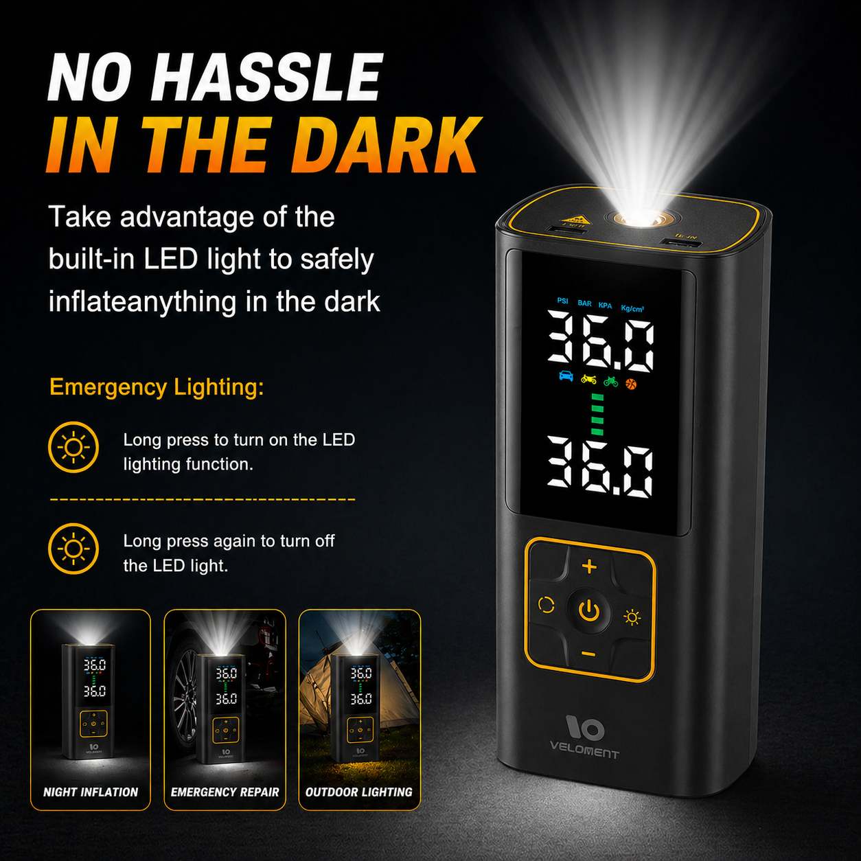 Portable tire inflator with top LED light for night inflation and emergency use