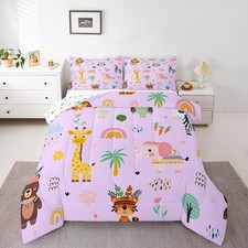 Kids Cartoon Animal Full Bedding Set,Zoo Animals Safari Comforter Set for Gir...