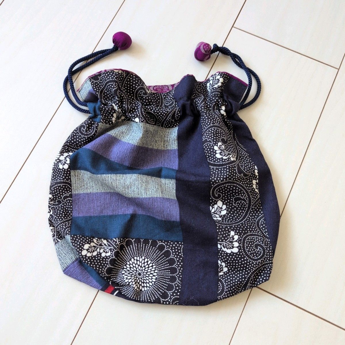 Unused Patchwork Kimono Remake Drawstring Bag Rev… - image 1