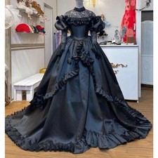 Black Gothic Prom Gowns High Neck Lace Splicing Ruffles A-Line Medieval Dresses