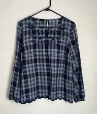 Talbots Womens L Top Blue Plaid Blouse Embroidered Flowers Long Sleeve