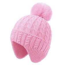Toddler Baby Winter Hat with Earflap Kids Warm Twisted Knit Beanie with Pom P...
