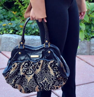 Isabella Fiore Black Tan Floral Brocade Heirloom Austin Bag Double Strap