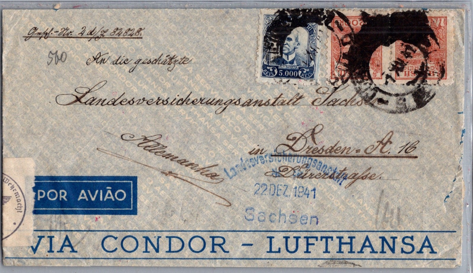 BRAZIL 1941 WWII CENSORED AIRMAIL COVER VIA CONDOR LUFTHANSA ADDR GERMANY & CANC