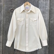 Vintage 70s H Bar C Ranchwear Beige Ribbed Pearl Snap Western Shirt 15 1/2 - 33