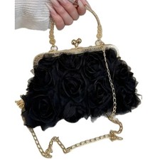 Elegant Rose Blossom Evening Clutch Bag Polyester Kiss Lock Closure Black Gold