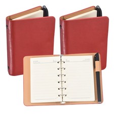 2Set 6 Ring A7 Leather Binder Cover with Horizontal Lines Paper and Pen, Red