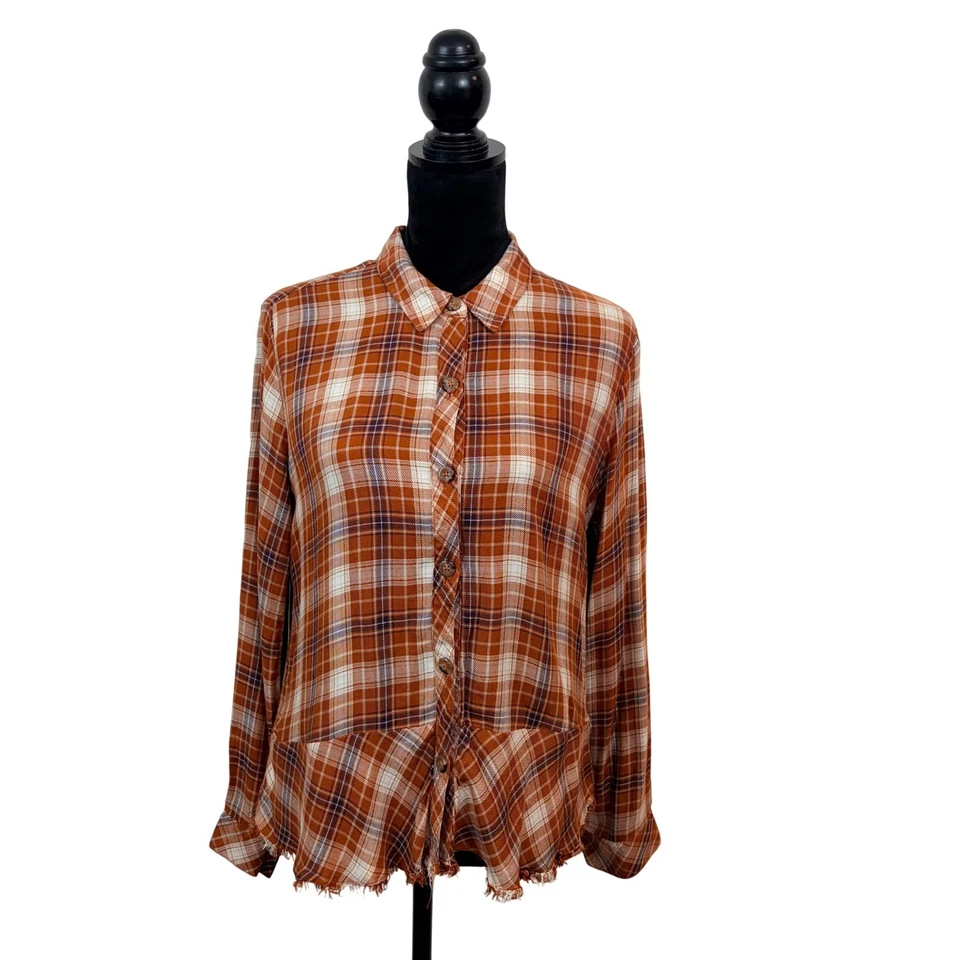 Democracy Womens M Plaid Button Down Shirt Metallic Frayed Peplum Distressed - Image 1 of 4