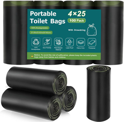 100 Portable Toilet Bags, Biodegradable with Drawstring & Lemon Scent, for 5-8 G