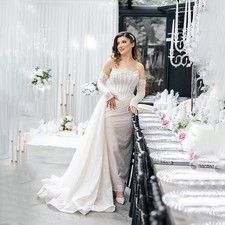 Luxury Weddings Dresses Scalloped Long Sleeve Backless Arabic Bride Dress