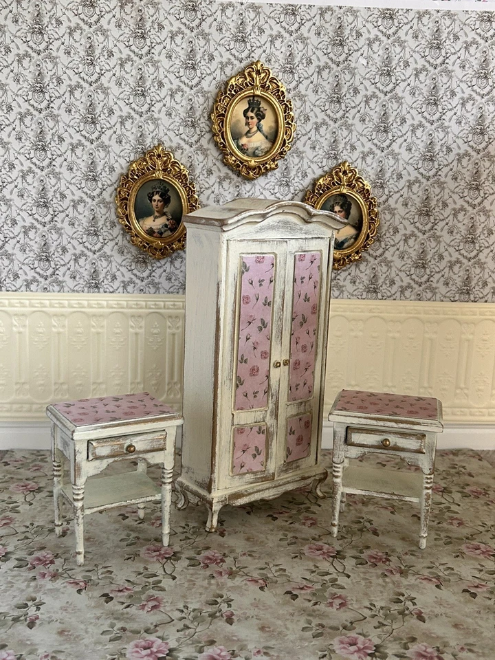 Dolls House 1/12 Scale Shabby Chic Style Wardrobe and Two Bedside Cabinets. - Image 2 of 4