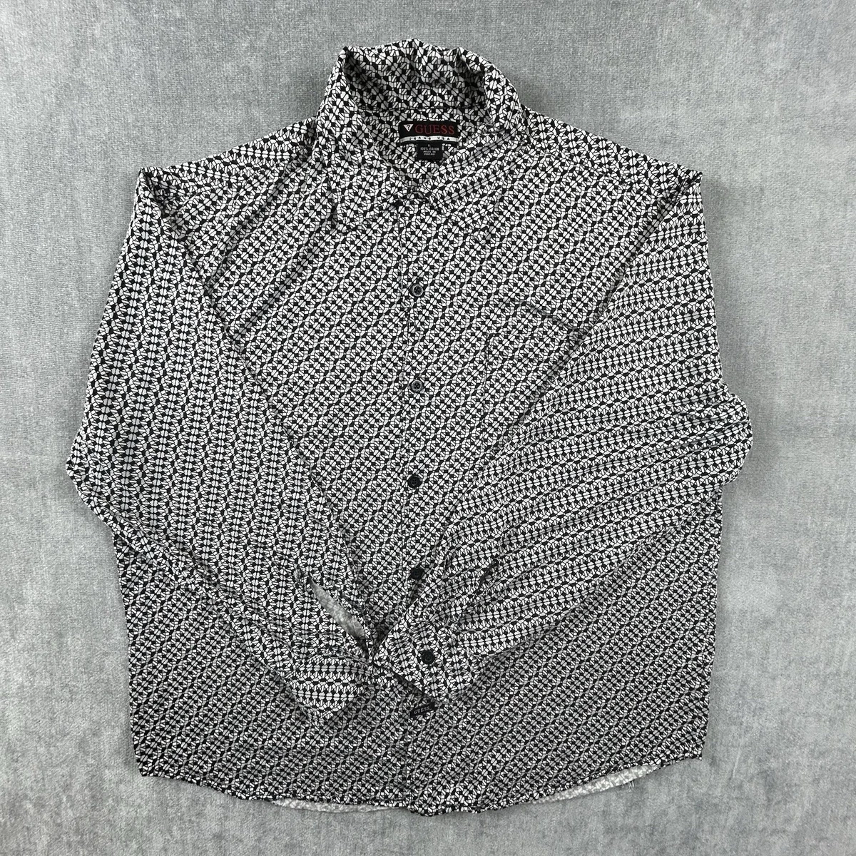 Camisa Guess Para Hombre Grande Negra Blanca Geométrica Manga Larga Abotonada con Bolsillo