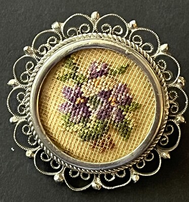 VGT Micro Embroidery petite point Brooch Pin Purple Violets Floral Silver Tone