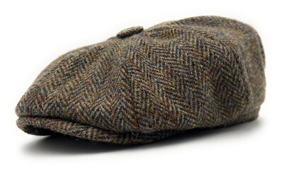 Harris Tweed Brown Herringbone Newsboy Cap Made In Scotland