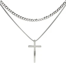GulCean Layered Cuban Chain Cross Necklace for Men 316L Stainless Steel 18K G...