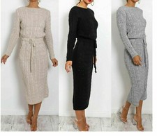 Women Dress Cable Knitted Pocket Long Sleeve Tie Up Midi Party Jumper Top