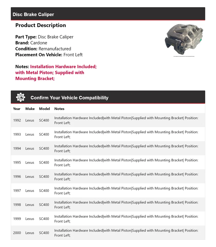 Pinza de freno de disco delantera izquierda cardone 1993 1994 1995 para Lexus SC400 1992-2000 Foto 2 de 4