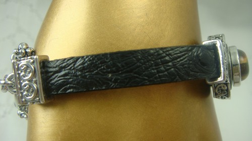 SILVER TONE BLACK LEATHER TIGERS EYE TOGGLE 8 1/2" ADJ BRACELET BY GSPC - Picture 5 of 9