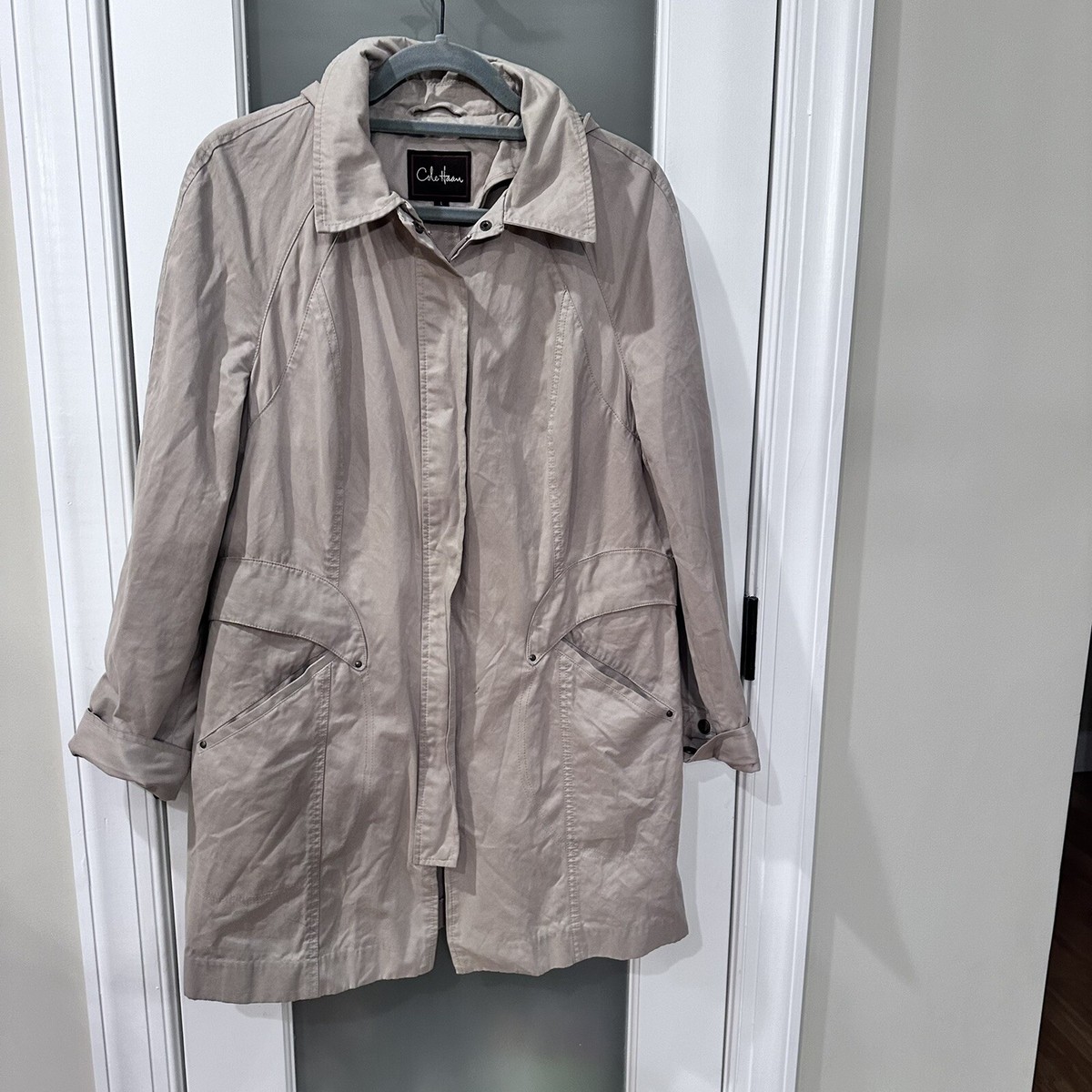 Women’s Cole Haan Packable Long Travel Rain Jacket Iridescent Khaki Large