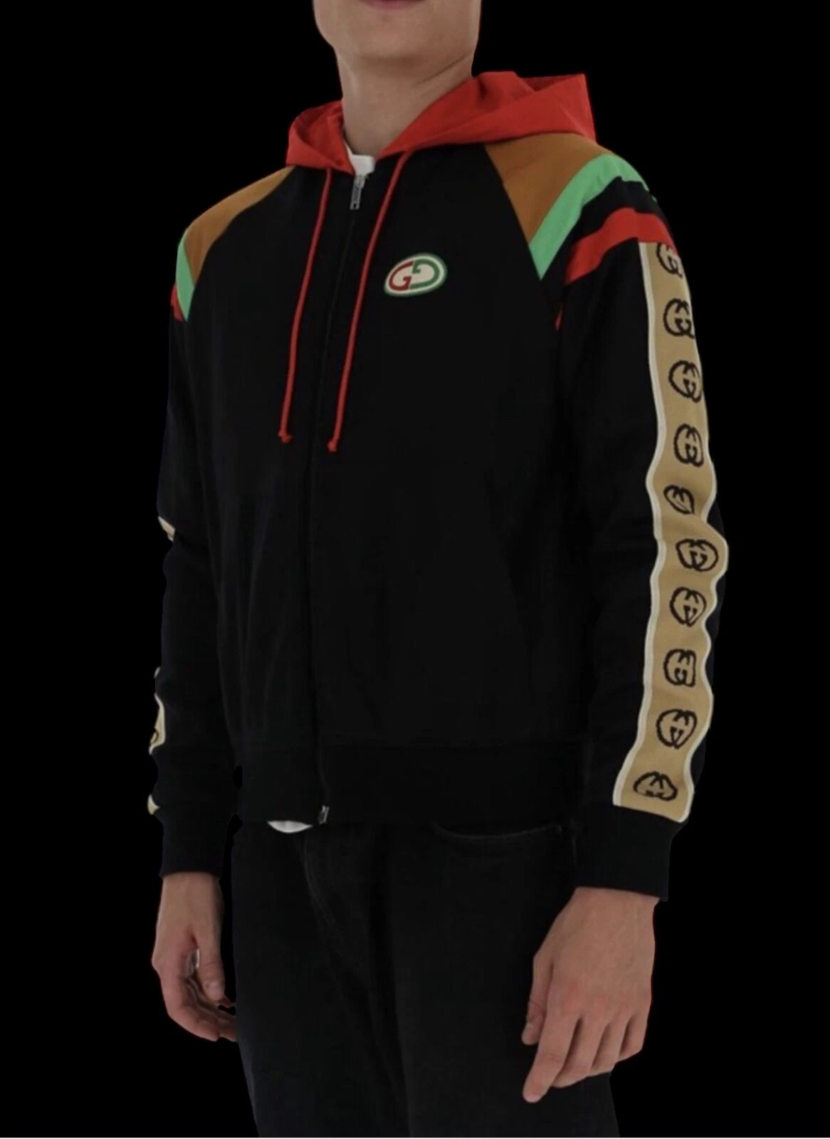 Giacca con cappuccio Gucci vintage logo laterale patchwork a righe fibbia GG.