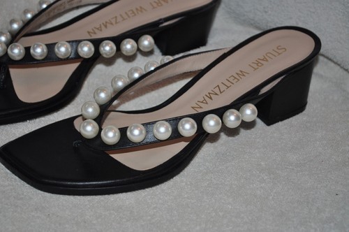 Sandalias Stuart Weitzman Goldie Cuero Genuino Perla Tacón Embellecido Negras 9,5 - Imagen 2 de 7
