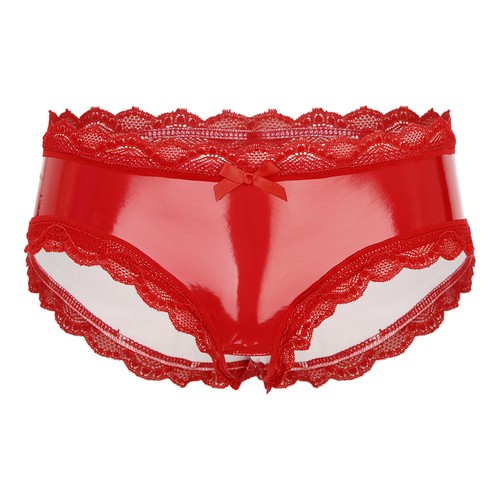 Men's Leather Hollow Out Sissy Lace Trim Briefs Sexy Low Waist Panties Underwear - Picture 18 of 32