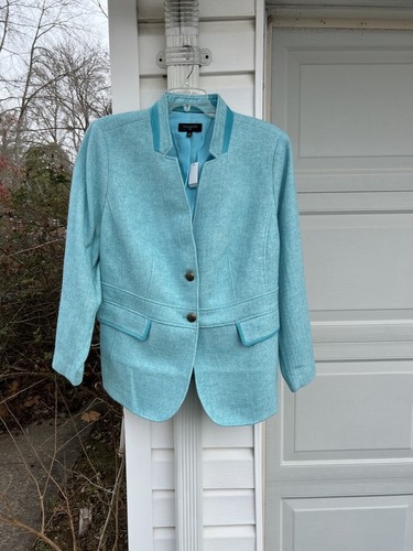 NWT Talbots Gorgeous Turquoise & White Herringbone Wool Blend Lined Blazer 16W