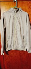 Women's Windbreaker Jacket Coat Full Zip Khaki Stripe Hidden Hood Small GOLF