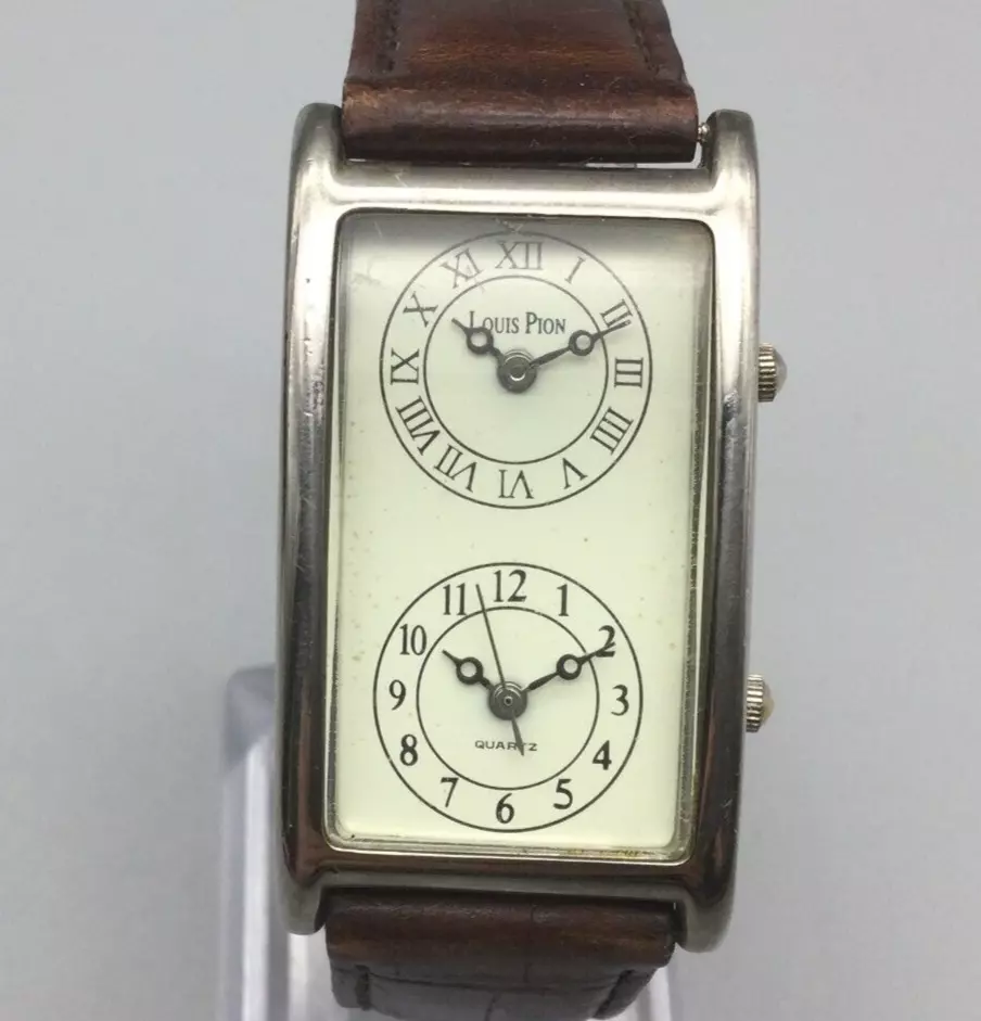 Louis Pion Watch Unisex Silver Tone Dual Time Rectangle Leather Band New Battery