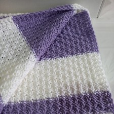 Hand knitted White Mauve stripped Baby Blanket