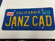 Vintage Blue California License Plate Personalized  "JANZ CAD"    JANS CADILLIAC