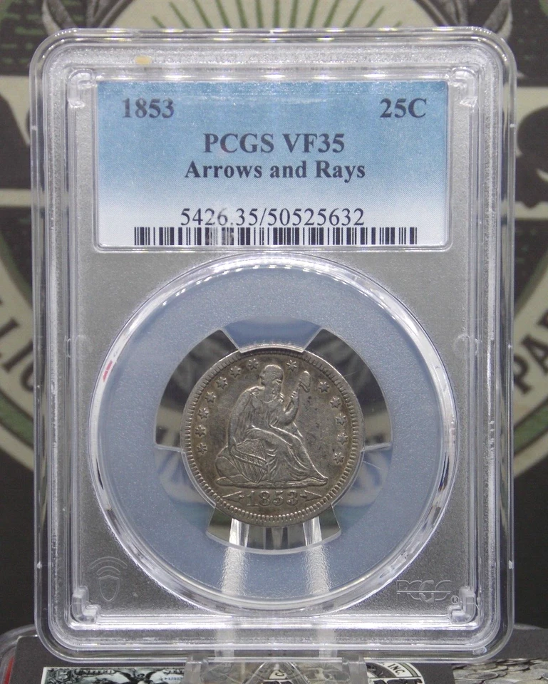 1853 "P" Seated Liberty Quarter *ARROWS & RAYS* 25c PCGS VF35 #632 Very Fine - Image 4 of 4