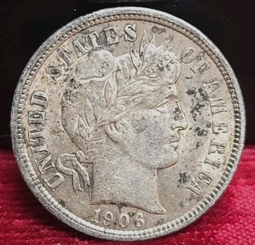 1906-P 10c. Barber Dime Almost Uncirculated Details Lite Scratch Recut Date